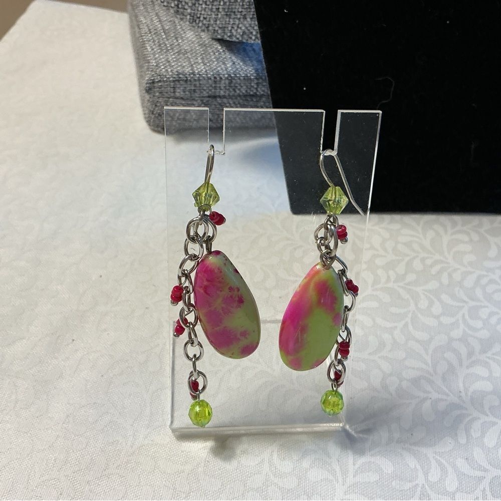 Silvertone Pink and Green Dangle Earrings